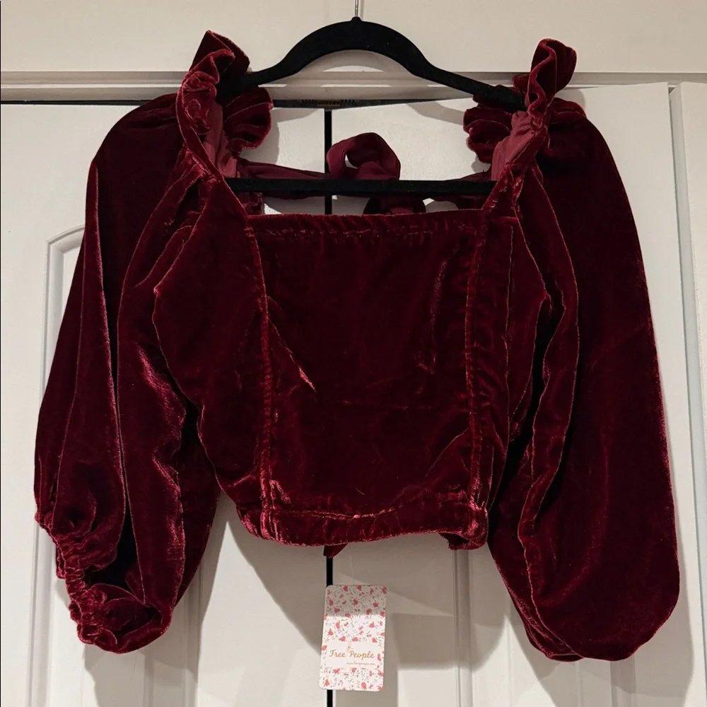 Free People Velvet puff sleeve cropped Burgundy Blouse with‎ tie in back XS NWT
